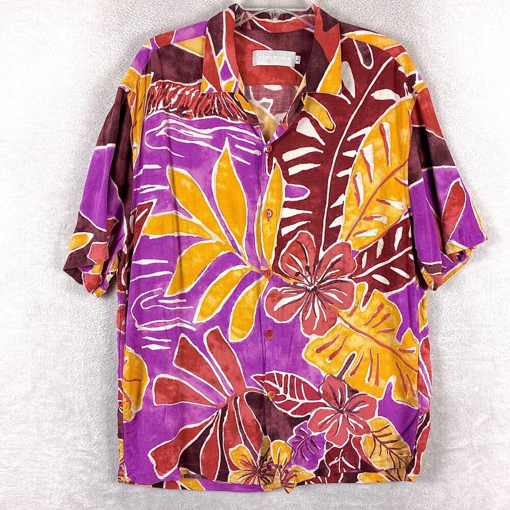 Jams World Hawaiian Shirt Mens L Purple Yellow Beach Walk Floral Rayon Aloha USA
